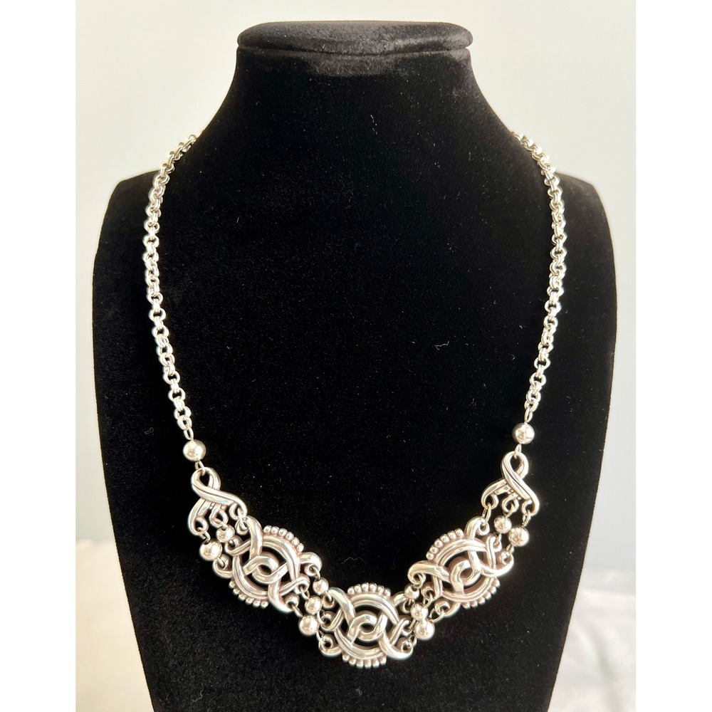 Brighton Silver Tone Rosarita Scrollwork Necklace Heart Charm 18" Adjustable